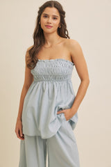 Light Blue Linen Ruched Strapless Tube Tunic Maternity Top