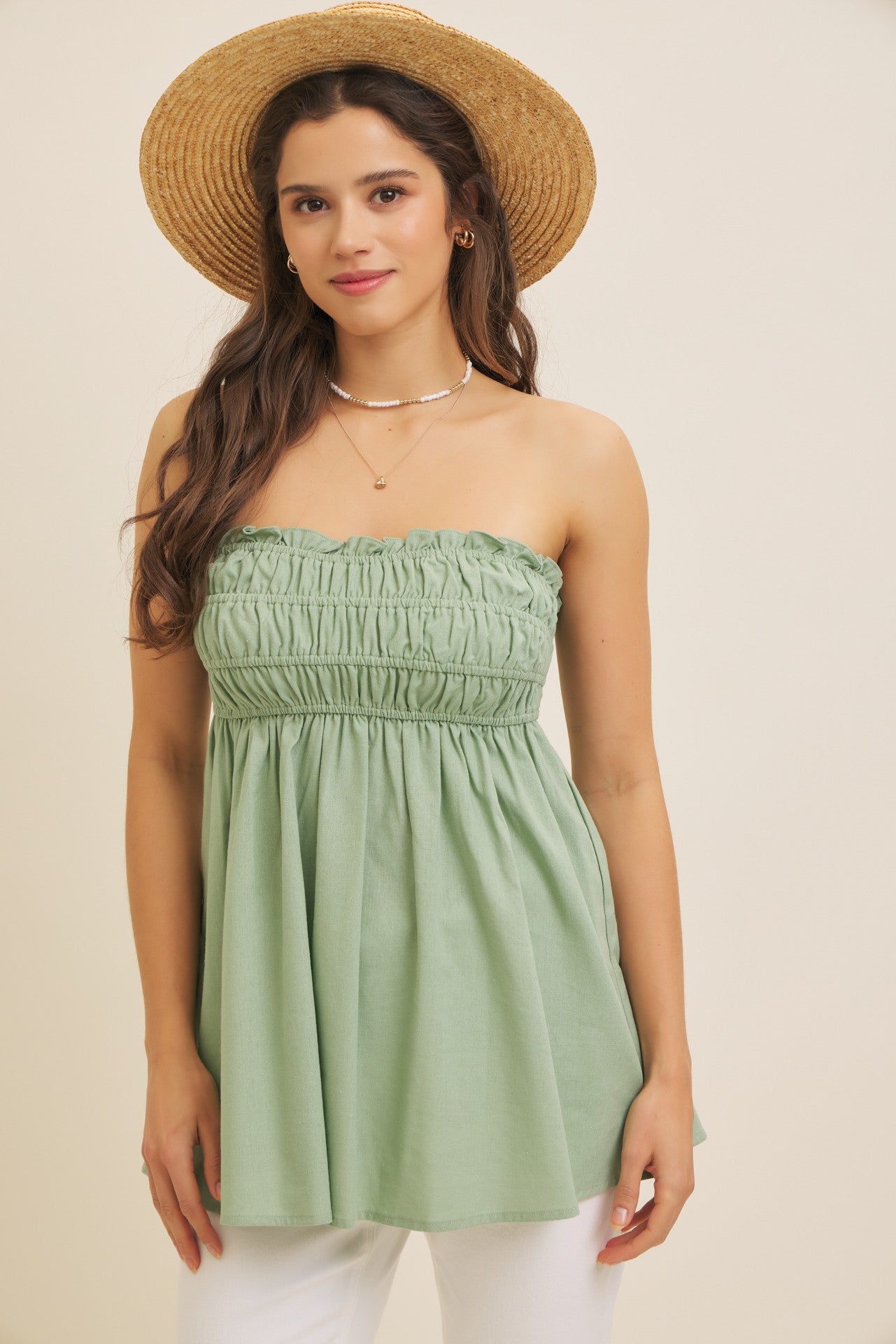 Light Olive Linen Ruched Strapless Tube Tunic Top
