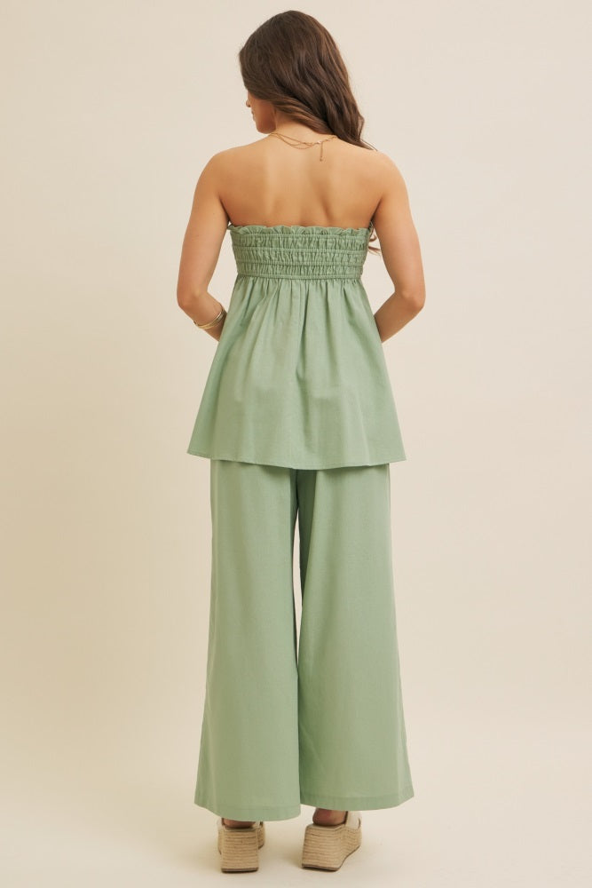 Light Olive Linen Ruched Strapless Tube Tunic Top