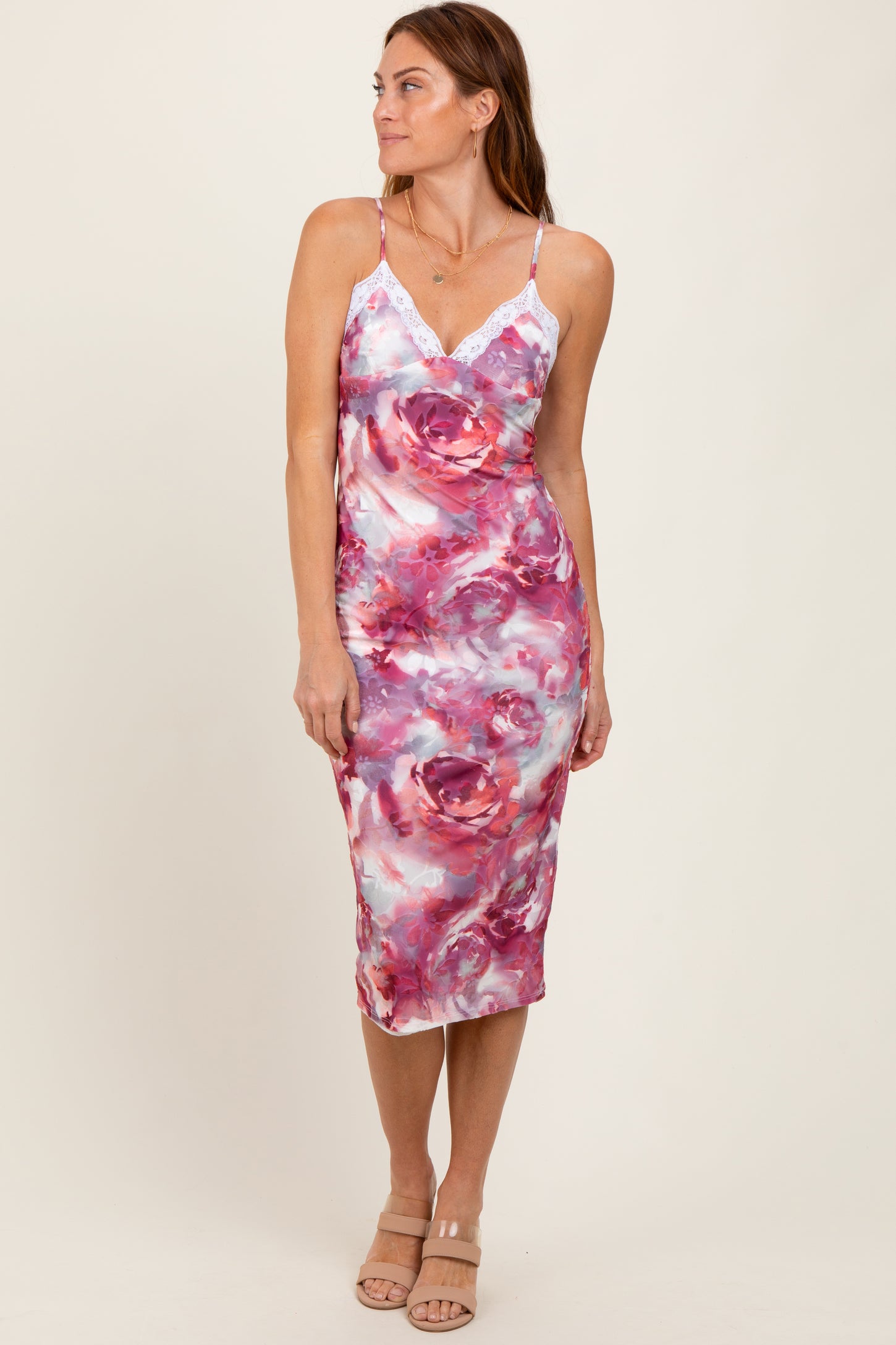 Mauve Floral Lace Trim Fitted Midi Dress