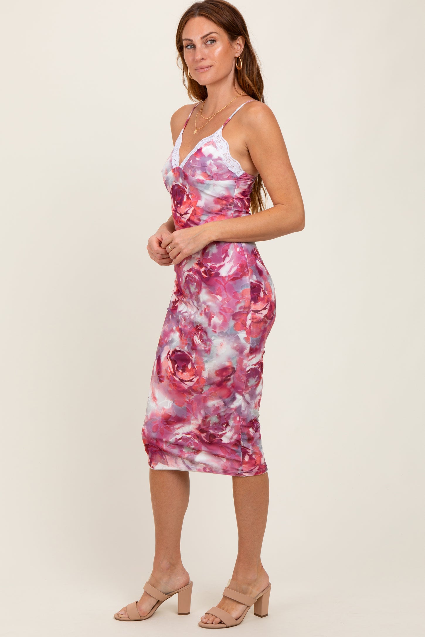 Mauve Floral Lace Trim Maternity Fitted Midi Dress Mauve Floral Lace Trim Maternity Fitted Midi Dress