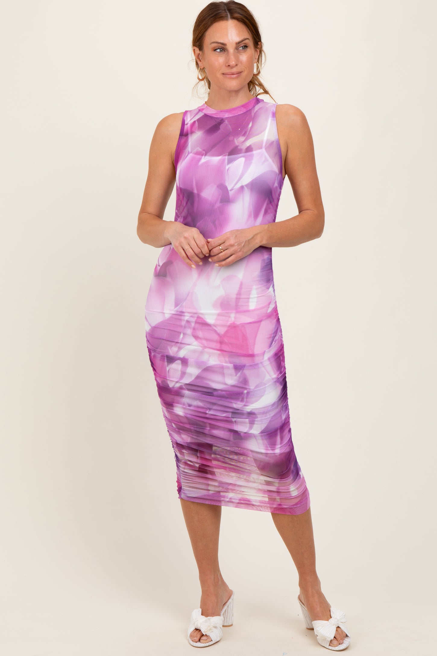 Purple Printed Mesh Overlay Sleeveless Fitted Maternity Midi Dress