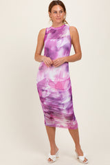 Purple Printed Mesh Overlay Sleeveless Fitted Maternity Midi Dress