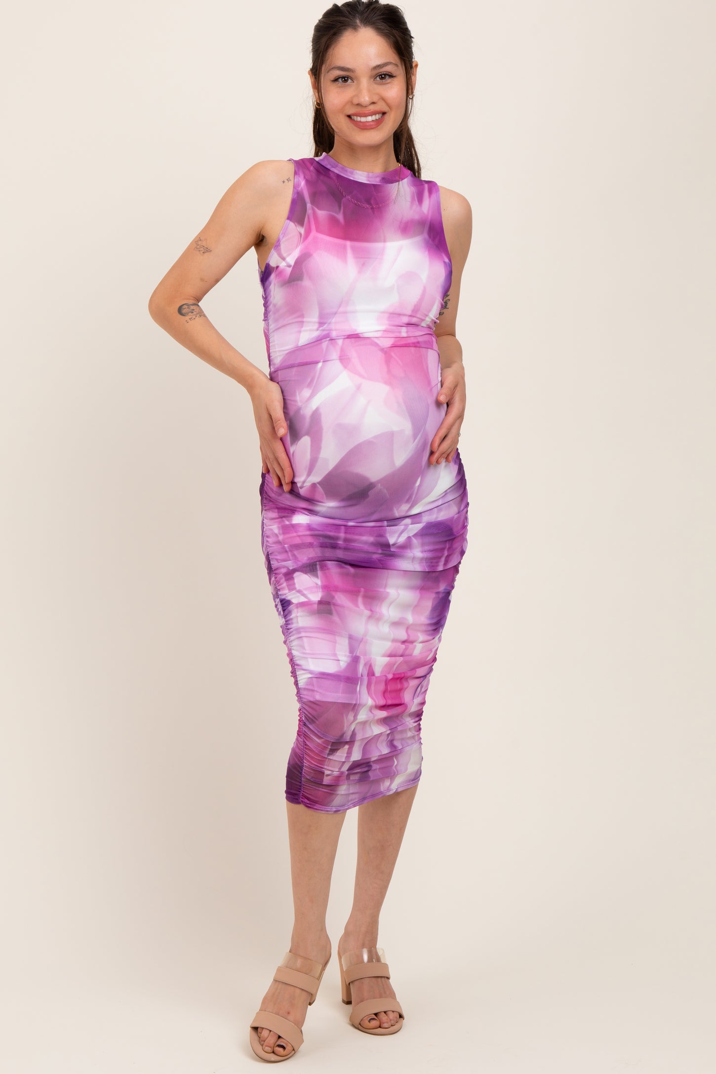 Purple Printed Mesh Overlay Sleeveless Fitted Maternity Midi Dress