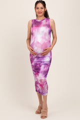 Purple Printed Mesh Overlay Sleeveless Fitted Maternity Midi Dress