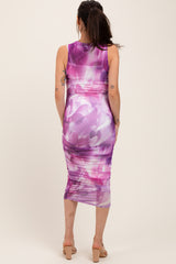 Purple Printed Mesh Overlay Sleeveless Fitted Maternity Midi Dress