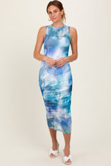 Teal Printed Mesh Overlay Sleeveless Fitted Maternity Midi Dress