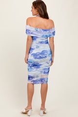 Blue Floral Mesh Off Shoulder Halter Midi Dress