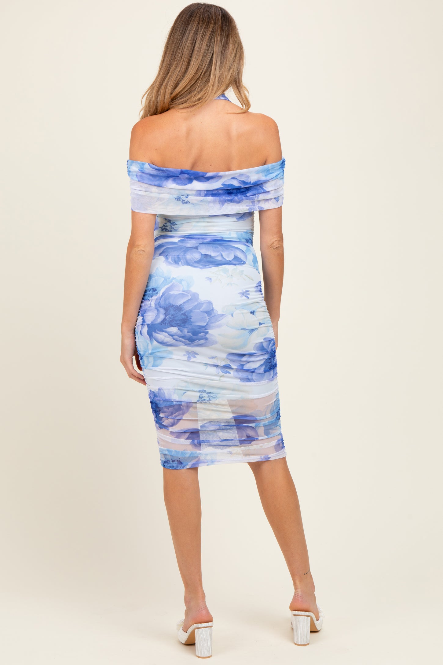 Blue Floral Mesh Off Shoulder Halter Maternity Midi Dress Blue Floral Mesh Off Shoulder Halter Maternity Midi Dress