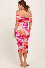 Fuchsia Floral Mesh Off Shoulder Halter Midi Dress
