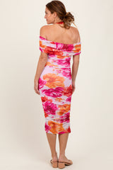 Fuchsia Floral Mesh Off Shoulder Halter Midi Dress
