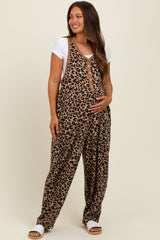 Brown Animal Print Waffle Knit Oversized Maternity Jumpsuit