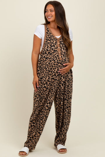 Brown Animal Print Waffle Knit Oversized Maternity Jumpsuit