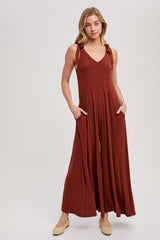 Rust Shoulder Tie Wide Leg Maternity Jumpsuit