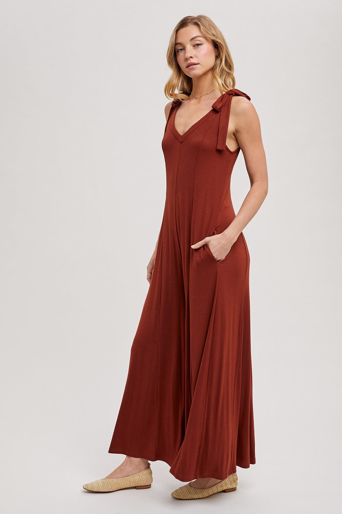 Rust Shoulder Tie Wide Leg Jumpsuit