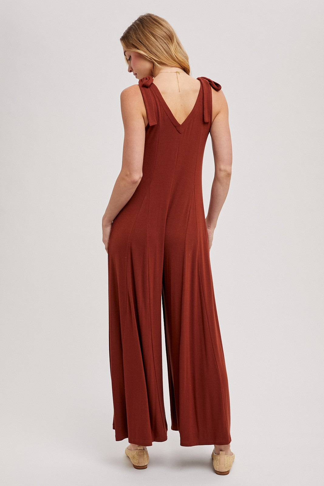 Rust Shoulder Tie Wide Leg Jumpsuit