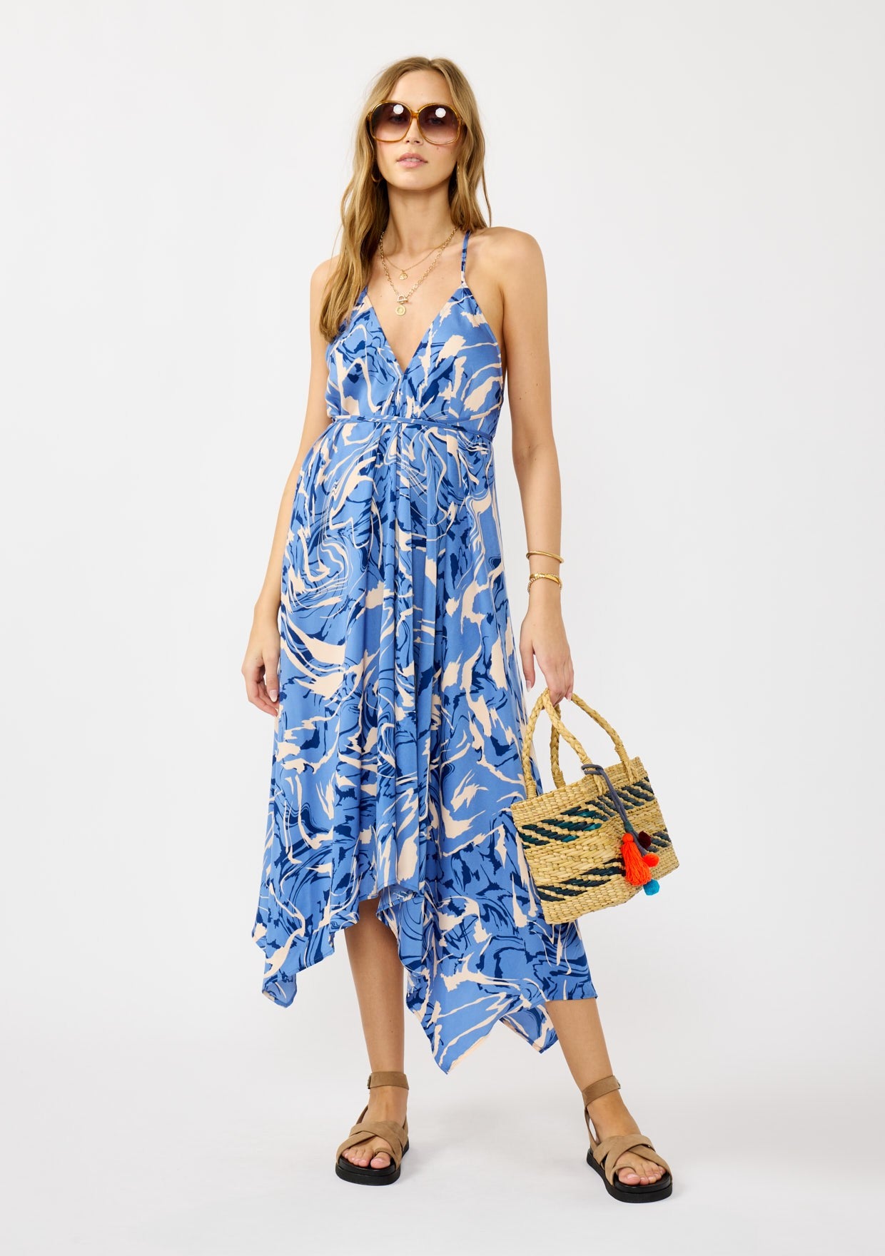 Blue Printed Crisscross Back Maternity Handkerchief Dress