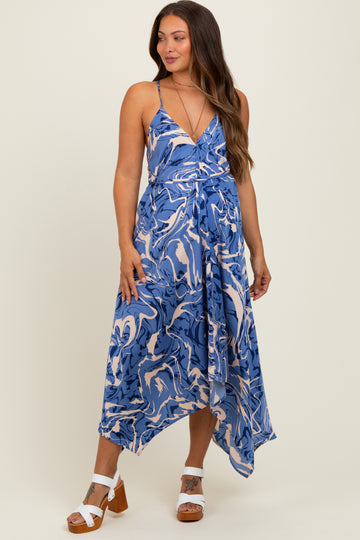 Blue Printed Crisscross Back Maternity Handkerchief Dress