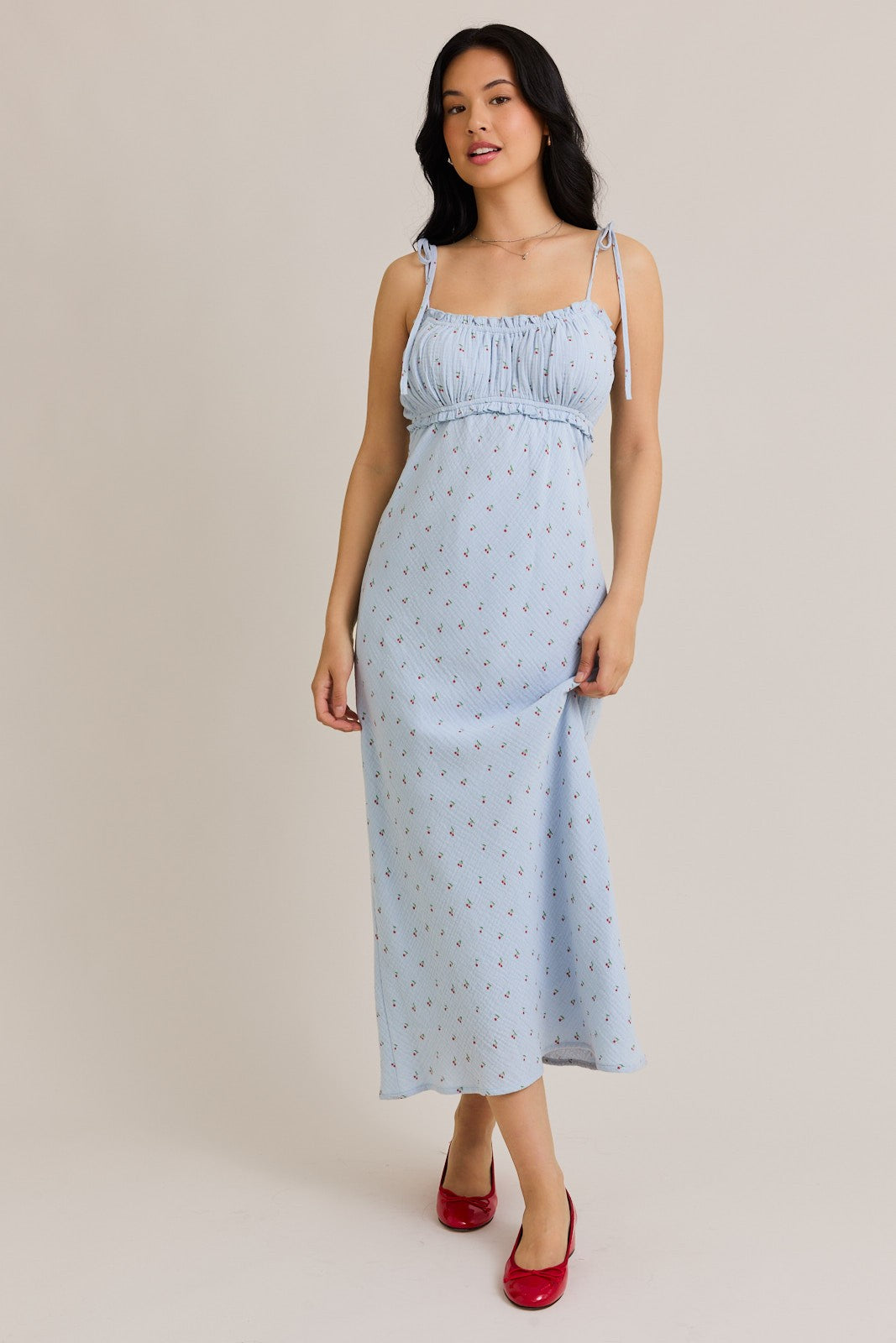 Light Blue Cherry Print Shoulder Tie Midi Dress