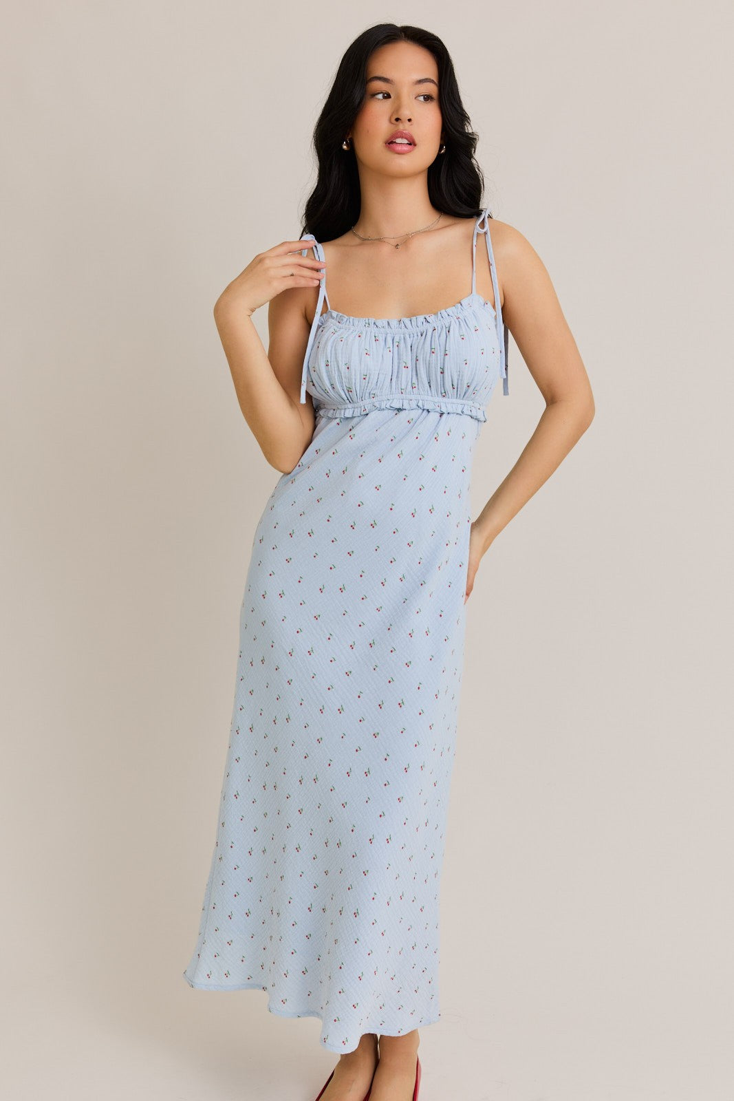 Light Blue Cherry Print Shoulder Tie Midi Dress Light Blue Cherry Print Shoulder Tie Midi Dress