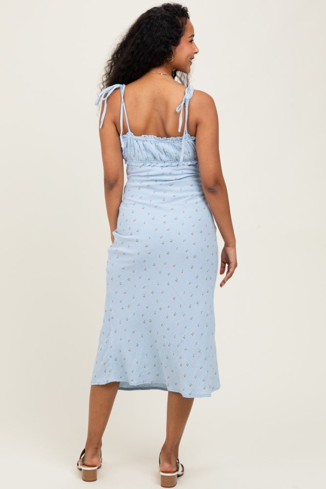Light Blue Cherry Print Shoulder Tie Maternity Midi Dress