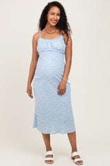 Light Blue Cherry Print Shoulder Tie Maternity Midi Dress