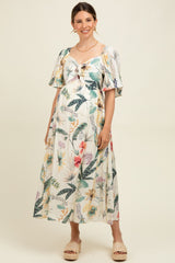 Cream Tropical Print Front Tie Flutter Sleeve Maternity Midi Dress