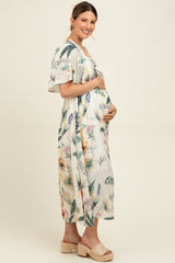 Cream Tropical Print Front Tie Flutter Sleeve Maternity Midi Dress