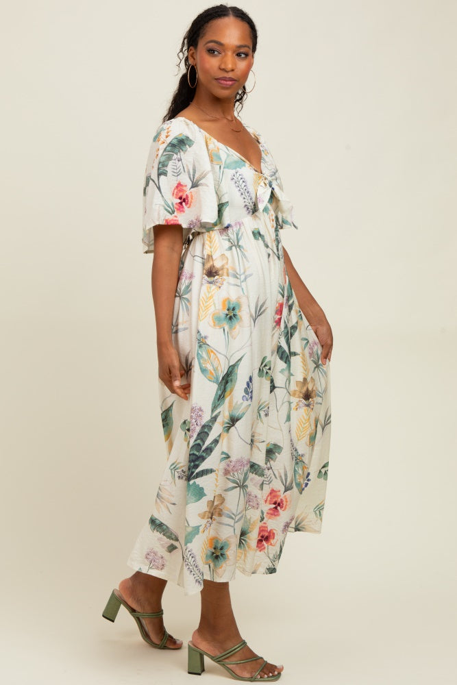 Cream Tropical Print Front Tie Flutter Sleeve Midi Dress Cream Tropical Print Front Tie Flutter Sleeve Midi Dress