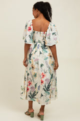 Cream Tropical Print Front Tie Flutter Sleeve Midi Dress
