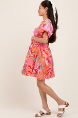 Pink Printed Smocked Puff Sleeve Maternity Mini Dress