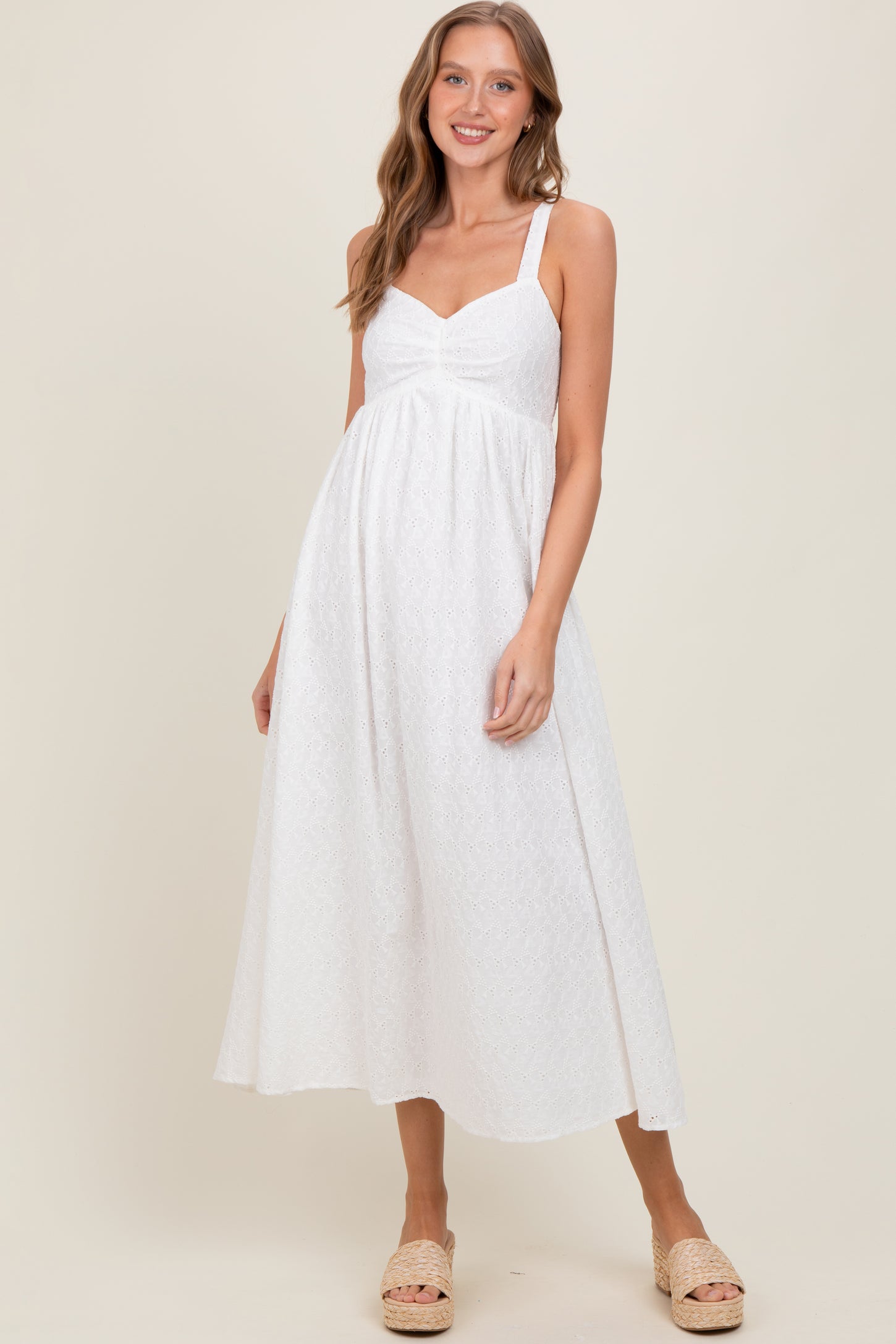 Ivory Eyelet Lace Sweetheart Neckline Midi Dress