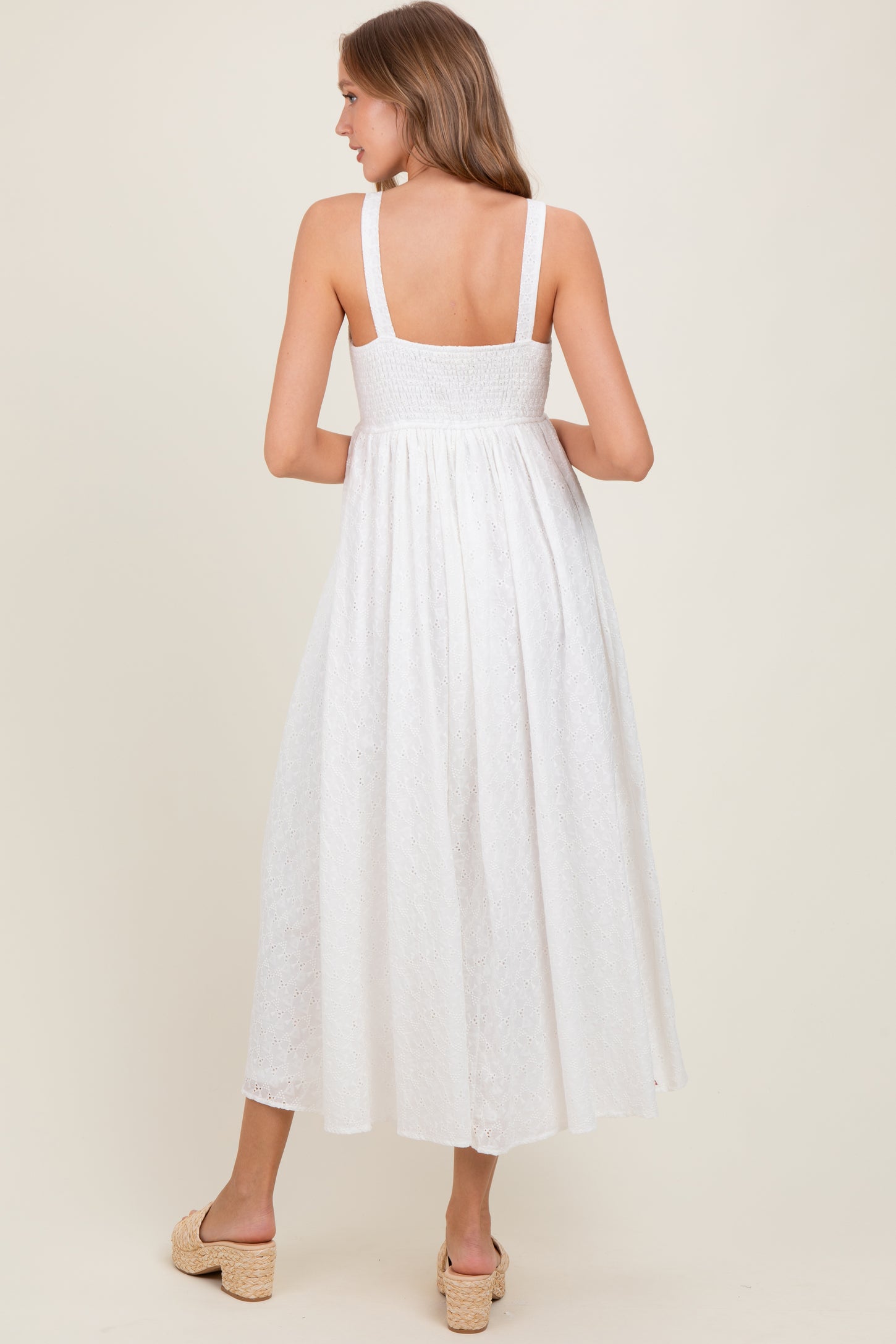 Ivory Eyelet Lace Sweetheart Neckline Midi Dress
