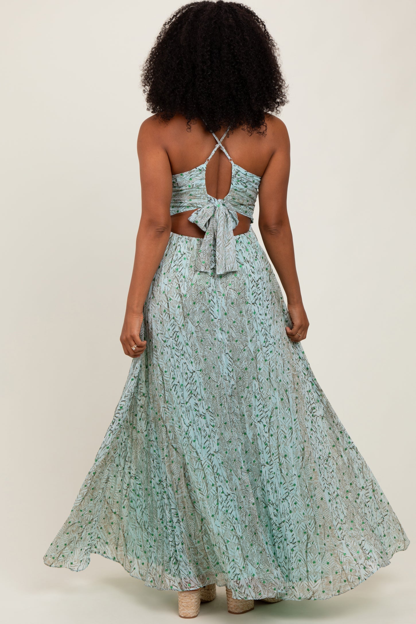 Mint Green Floral Cutout Tie Back Maxi Dress