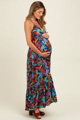Multicolor Floral Deep V-Neck Halter Maternity Maxi Dress
