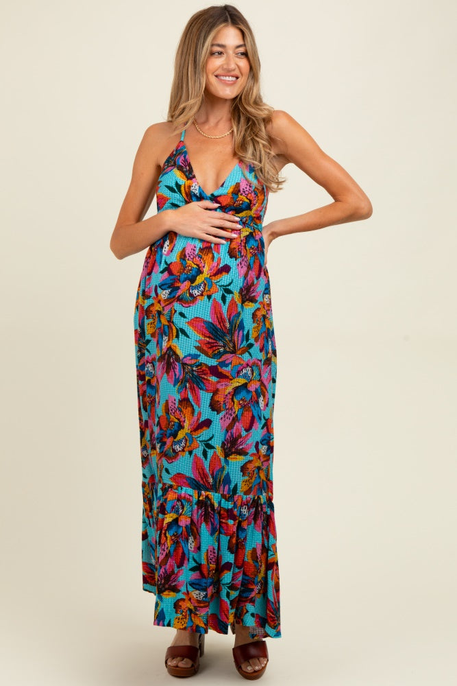 Multicolor Floral Deep V-Neck Halter Maternity Maxi Dress