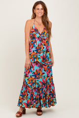 Multicolor Floral Deep V-Neck Halter Maxi Dress