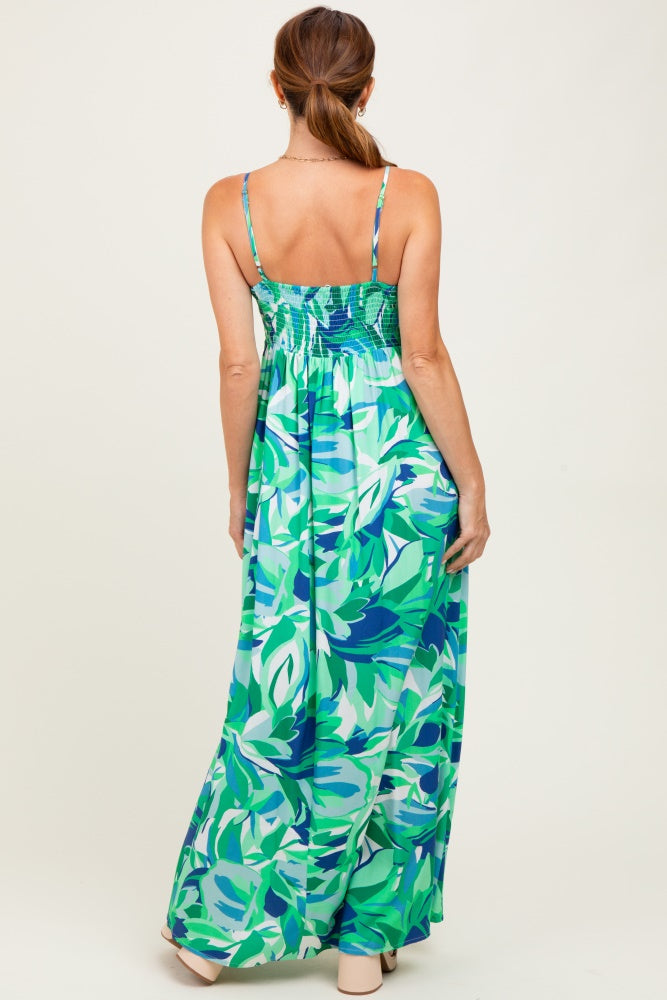 Green Printed Shoulder Tie Maxi Dress