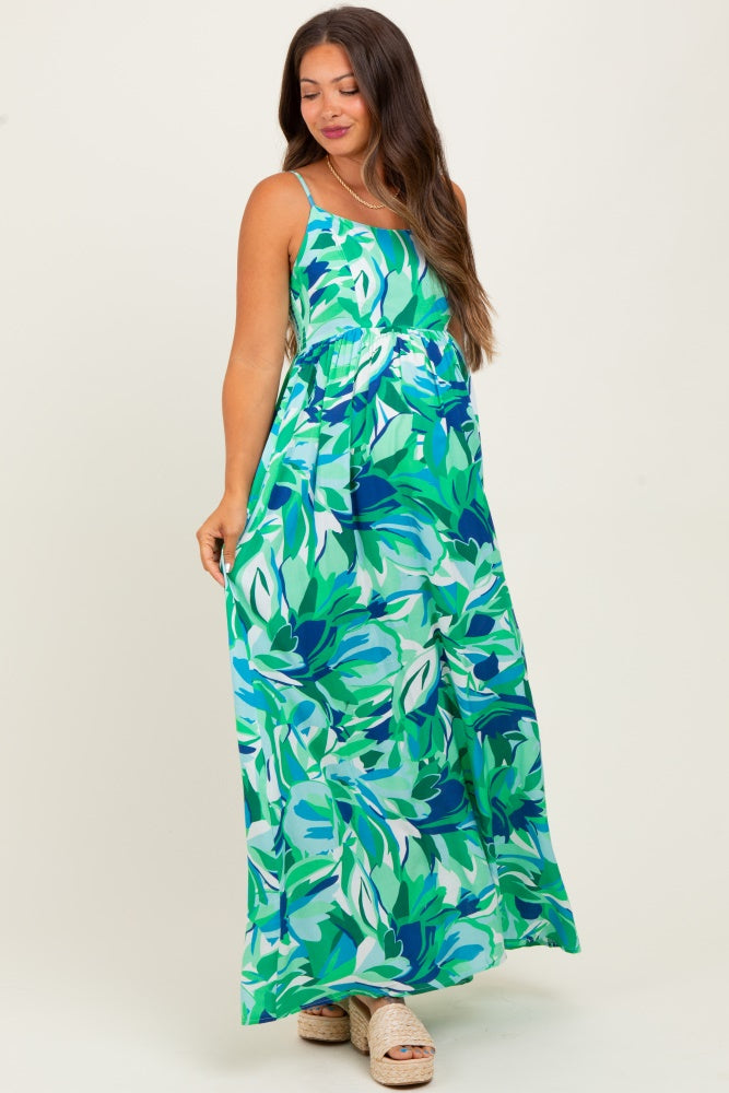 Green Printed Shoulder Tie Maternity Maxi Dress