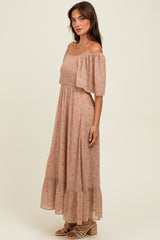 Mauve Floral Flutter Sleeve Ruffle Hem Midi Dress