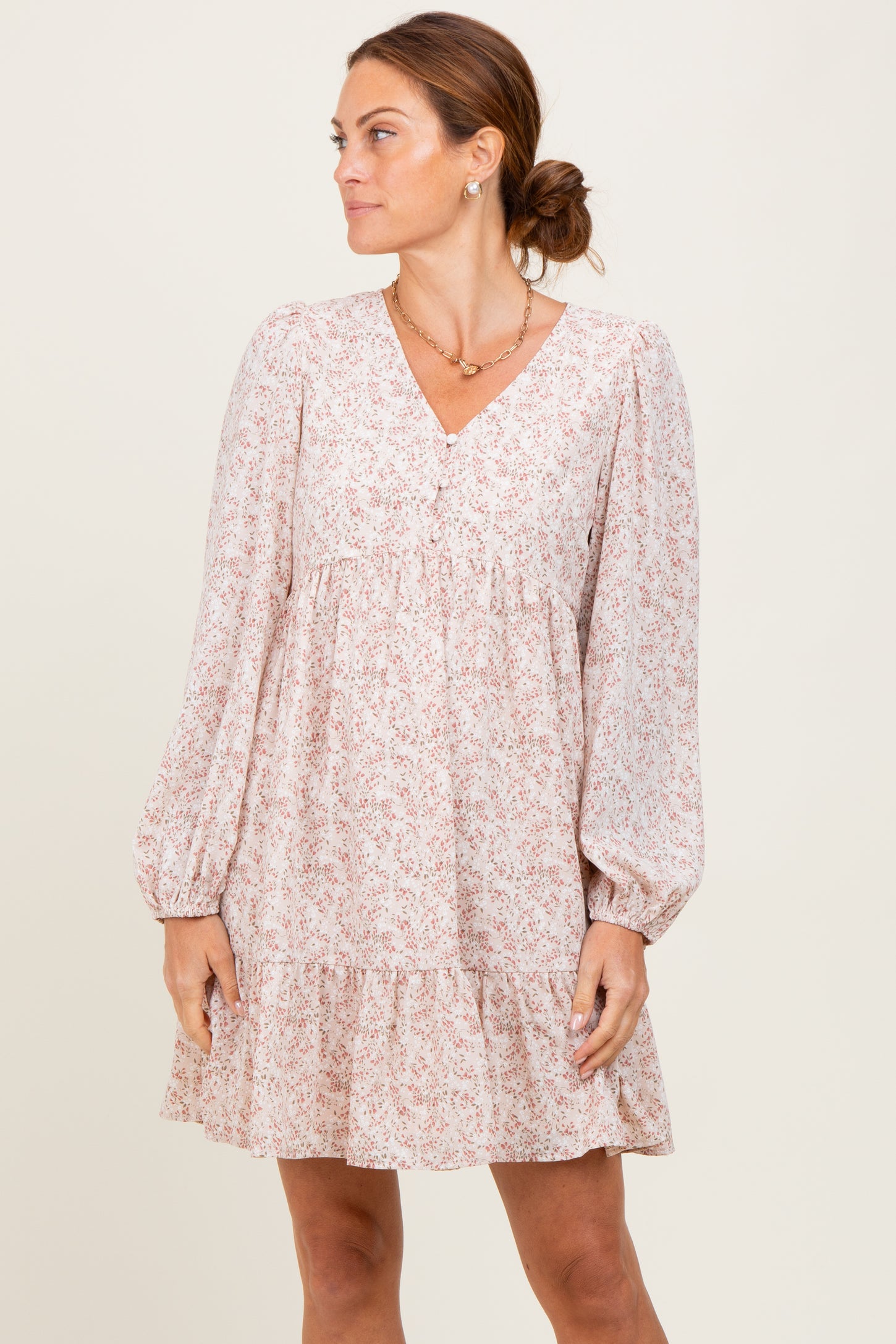 Beige Floral Long Sleeve Maternity Dress PinkBlush Beige Floral Long Sleeve Maternity Dress PinkBlush