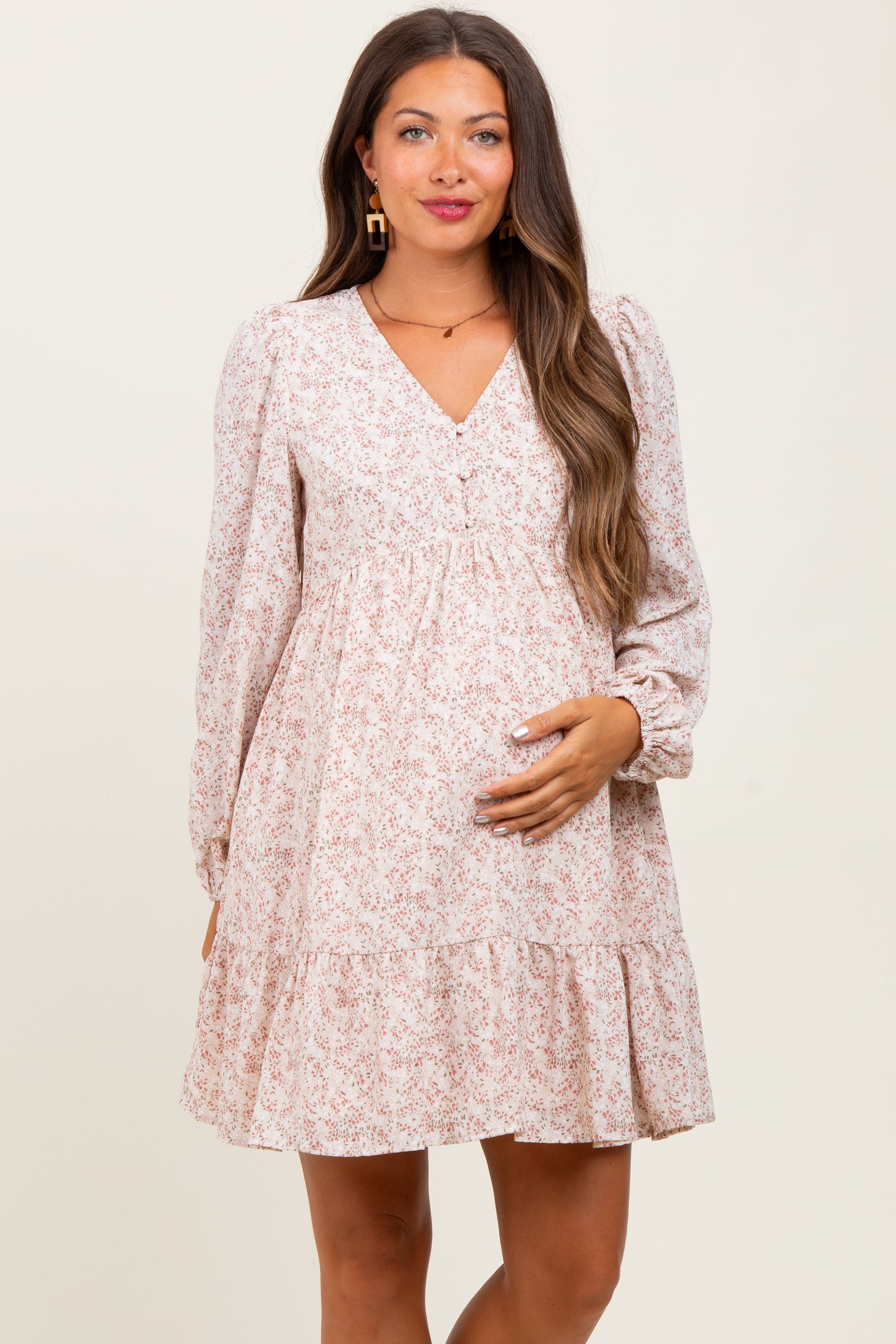 beige long sleeve maternity dress Daphne Long Sleeve Maxi Dress in Beige/Multi Floral