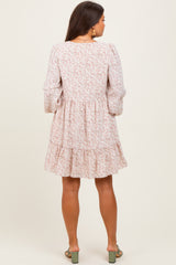 Beige Floral Long Sleeve Maternity Dress