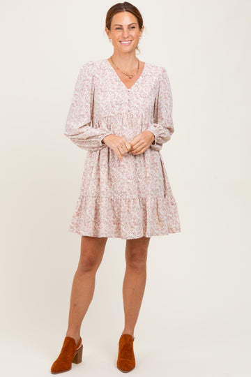 Beige Floral Long Sleeve Dress
