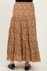 Camel Floral Drawstring Tiered Maternity Maxi Skirt
