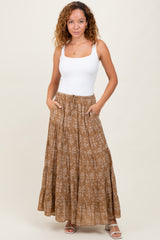 Camel Floral Drawstring Tiered Maternity Maxi Skirt