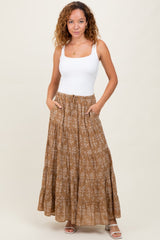 Camel Floral Drawstring Tiered Maxi Skirt