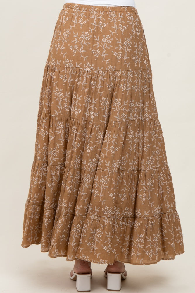 Camel Floral Drawstring Tiered Maxi Skirt