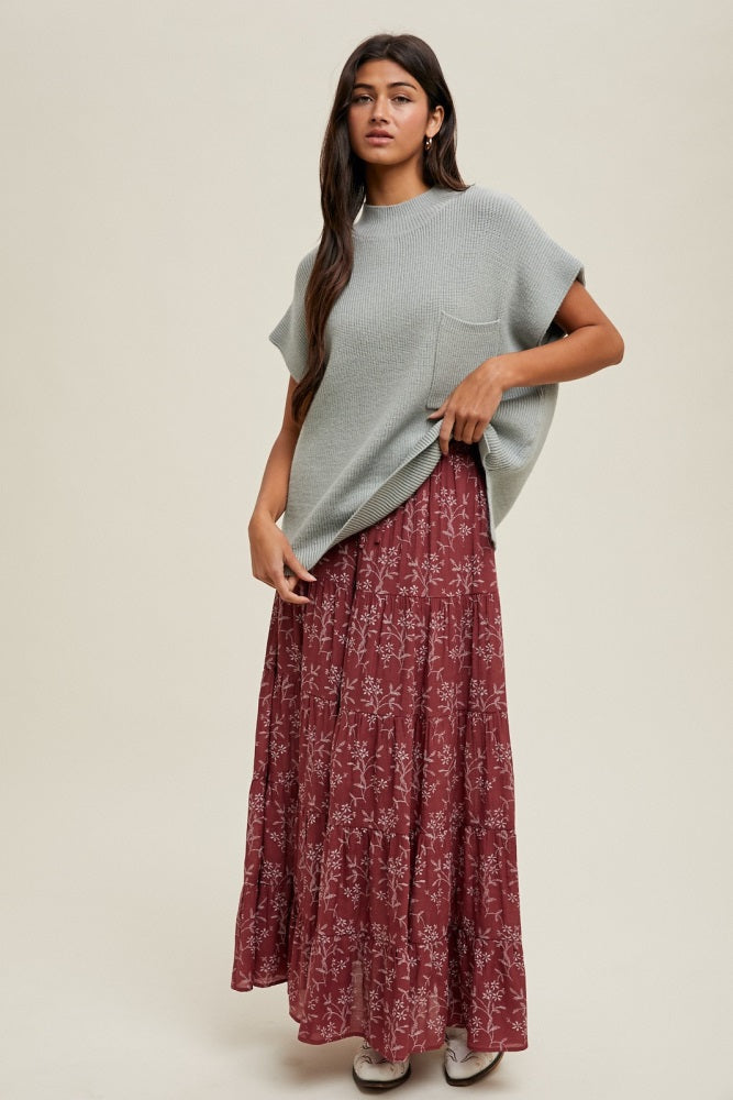 Rust Floral Drawstring Tiered Maxi Skirt