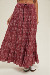 Rust Floral Drawstring Tiered Maxi Skirt